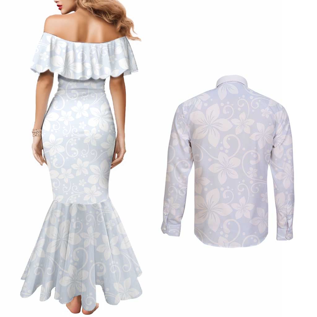 Plumeria Floral White Sunday Couples Matching Mermaid Dress and Long Sleeve Button Shirt LT01 - Polynesian Pride