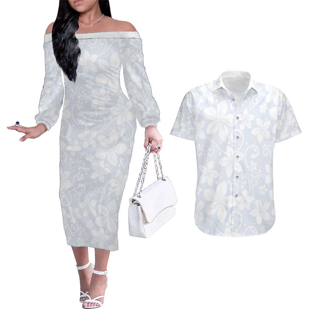 Plumeria Floral White Sunday Couples Matching Off The Shoulder Long Sleeve Dress and Hawaiian Shirt