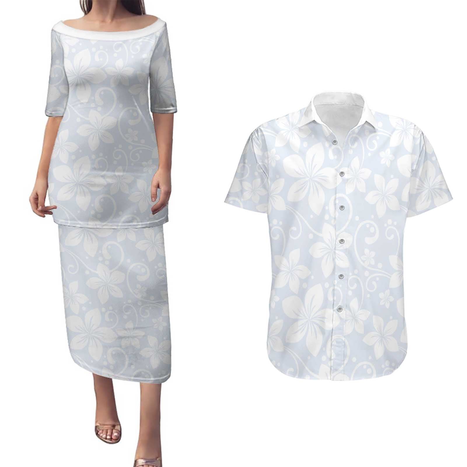 Plumeria Floral White Sunday Couples Matching Puletasi and Hawaiian Shirt