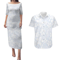 Plumeria Floral White Sunday Couples Matching Puletasi and Hawaiian Shirt