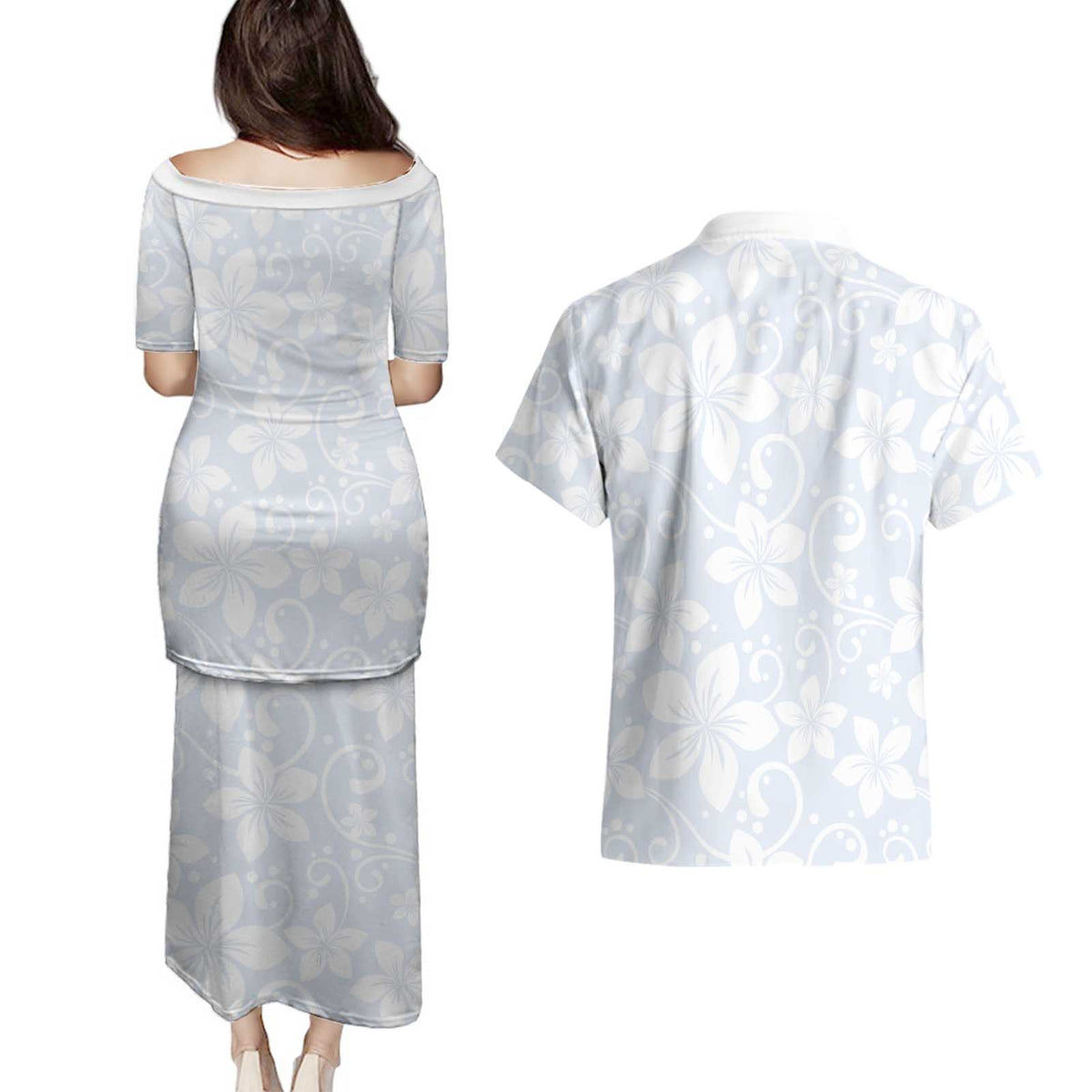 Plumeria Floral White Sunday Couples Matching Puletasi and Hawaiian Shirt