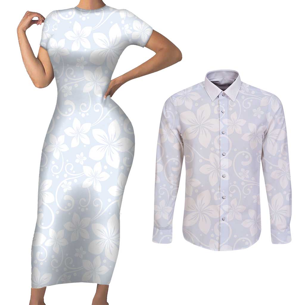 Plumeria Floral White Sunday Couples Matching Short Sleeve Bodycon Dress and Long Sleeve Button Shirt LT01 White - Polynesian Pride