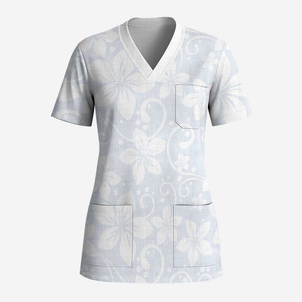 Plumeria Floral White Sunday Scrub Top - Polynesian Pride