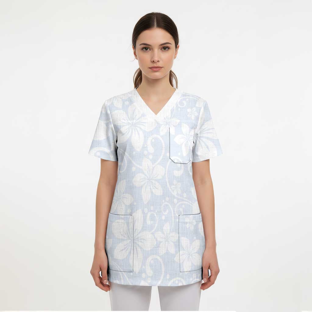 Plumeria Floral White Sunday Scrub Top - Polynesian Pride