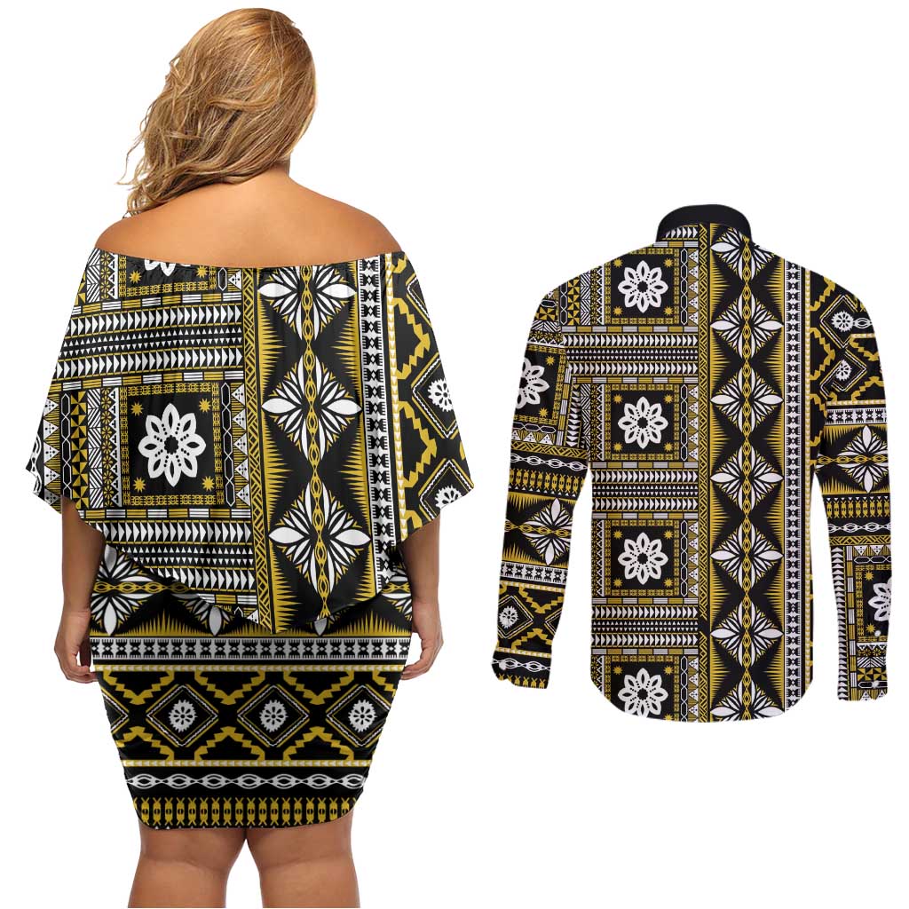 Fiji Masi Tapa Pattern Yellow Couples Matching Off Shoulder Short Dress and Long Sleeve Button Shirt - Polynesian Pride