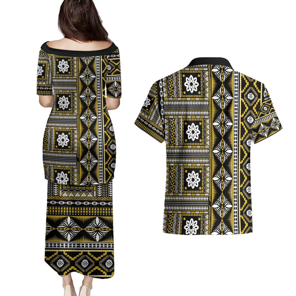 Fiji Masi Tapa Pattern Yellow Couples Matching Puletasi and Hawaiian Shirt - Polynesian Pride