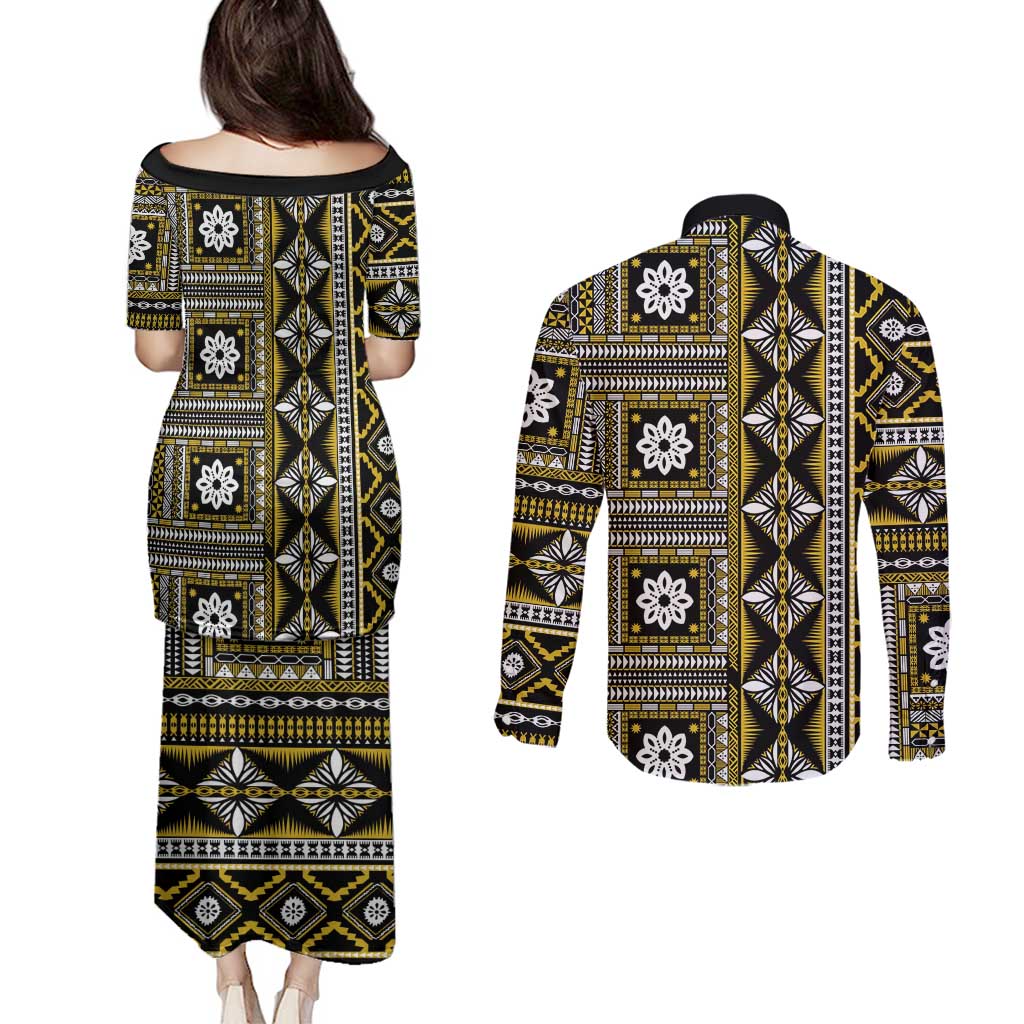 Fiji Masi Tapa Pattern Yellow Couples Matching Puletasi and Long Sleeve Button Shirt - Polynesian Pride