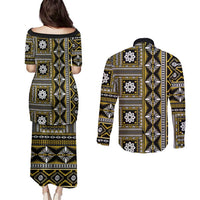 Fiji Masi Tapa Pattern Yellow Couples Matching Puletasi and Long Sleeve Button Shirt - Polynesian Pride