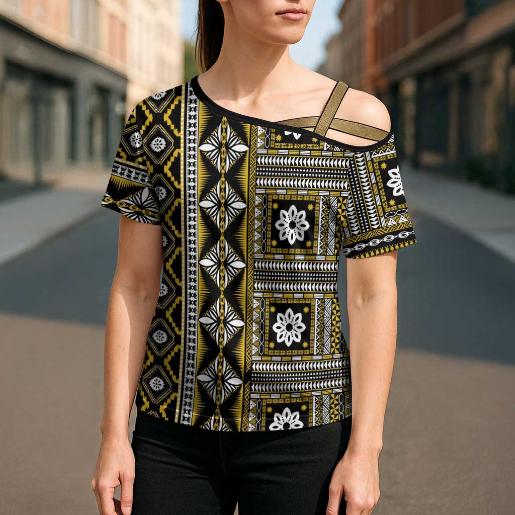 Fiji Masi Tapa Pattern Yellow Cross Shoulder Shirt - Polynesian Pride