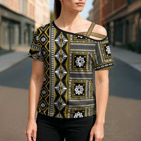 Fiji Masi Tapa Pattern Yellow Cross Shoulder Shirt - Polynesian Pride