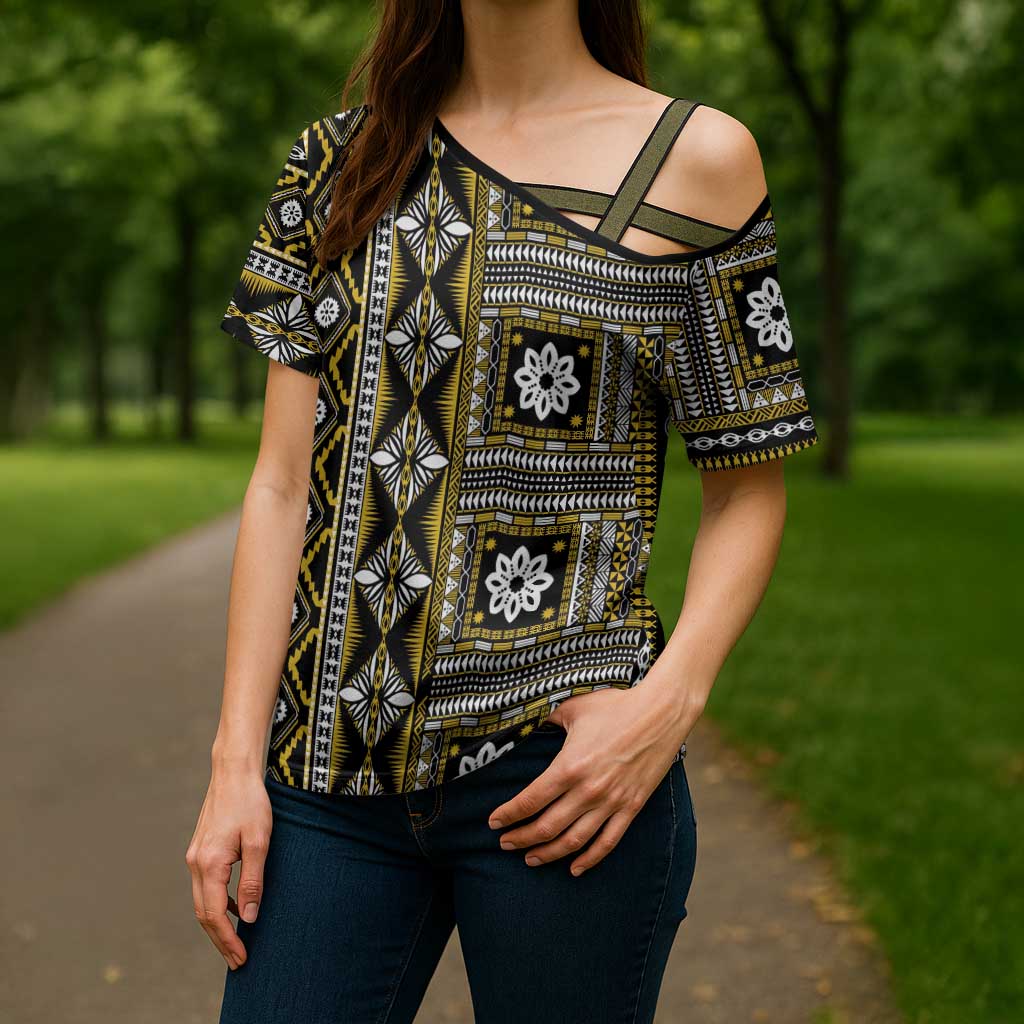 Fiji Masi Tapa Pattern Yellow Cross Shoulder Shirt - Polynesian Pride