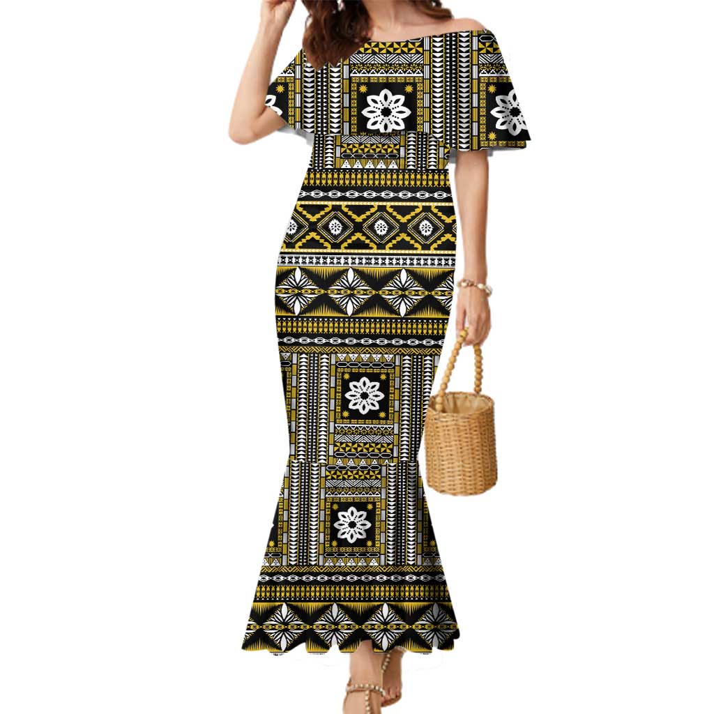 Fiji Masi Tapa Pattern Yellow Family Matching Mermaid Dress and Hawaiian Shirt - Polynesian Pride