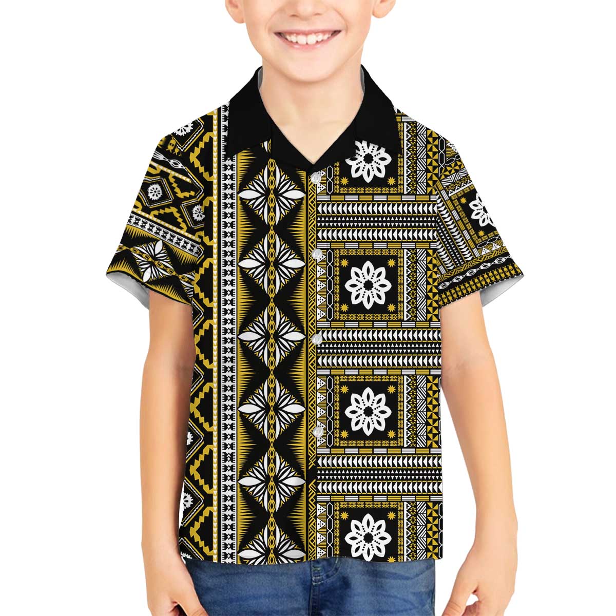 Fiji Masi Tapa Pattern Yellow Family Matching Off The Shoulder Long Sleeve Dress and Hawaiian Shirt - Polynesian Pride