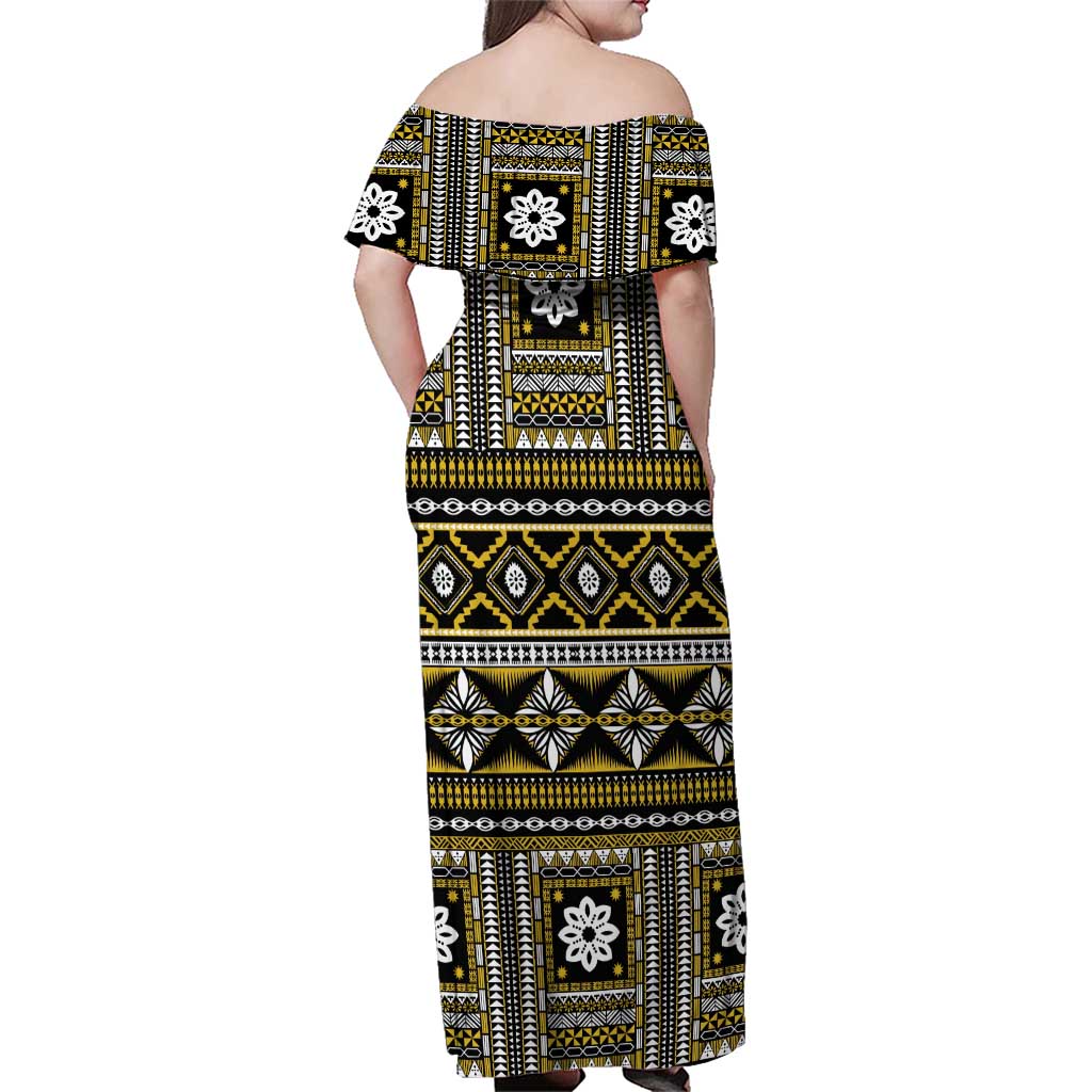 Fiji Masi Tapa Pattern Yellow Family Matching Off Shoulder Maxi Dress and Hawaiian Shirt - Polynesian Pride