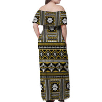 Fiji Masi Tapa Pattern Yellow Family Matching Off Shoulder Maxi Dress and Hawaiian Shirt - Polynesian Pride