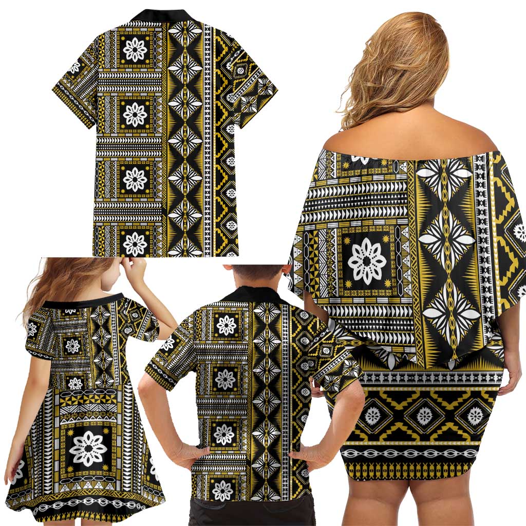 Fiji Masi Tapa Pattern Yellow Family Matching Off Shoulder Short Dress and Hawaiian Shirt - Polynesian Pride