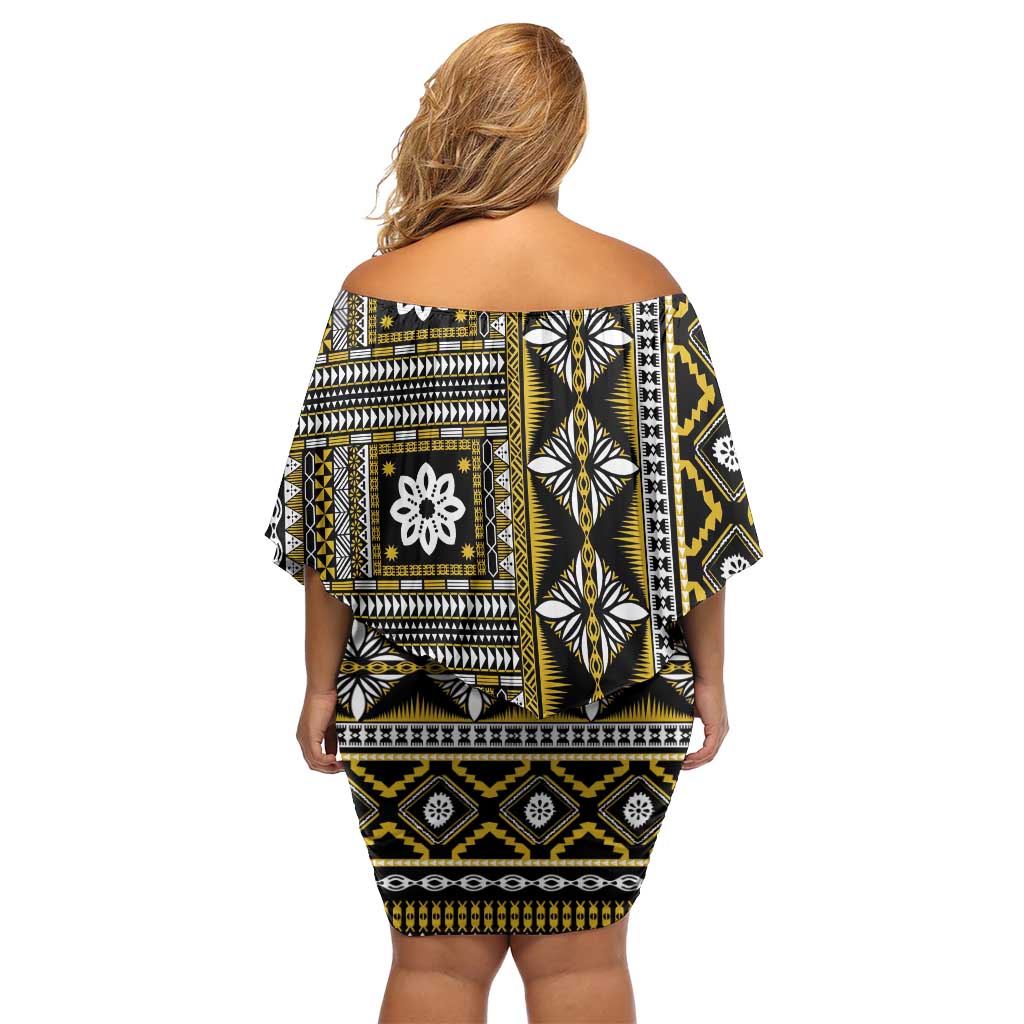 Fiji Masi Tapa Pattern Yellow Family Matching Off Shoulder Short Dress and Hawaiian Shirt - Polynesian Pride