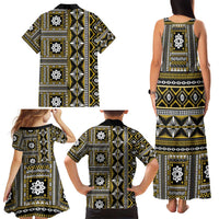 Fiji Masi Tapa Pattern Yellow Family Matching Tank Maxi Dress and Hawaiian Shirt - Polynesian Pride