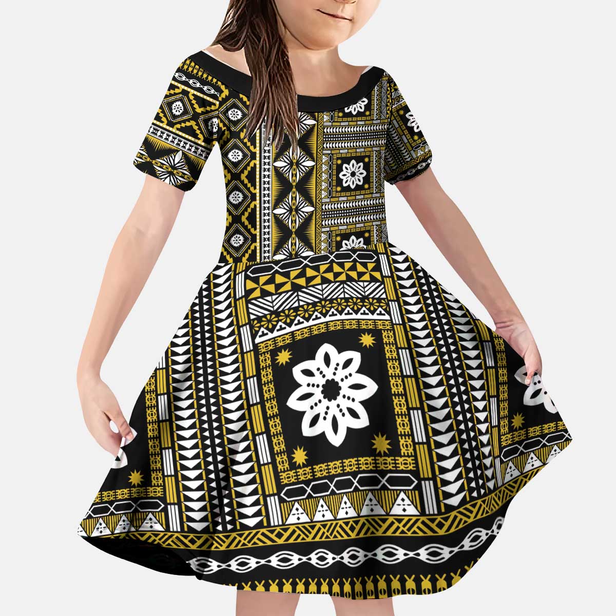 Fiji Masi Tapa Pattern Yellow Kid Short Sleeve Dress - Polynesian Pride