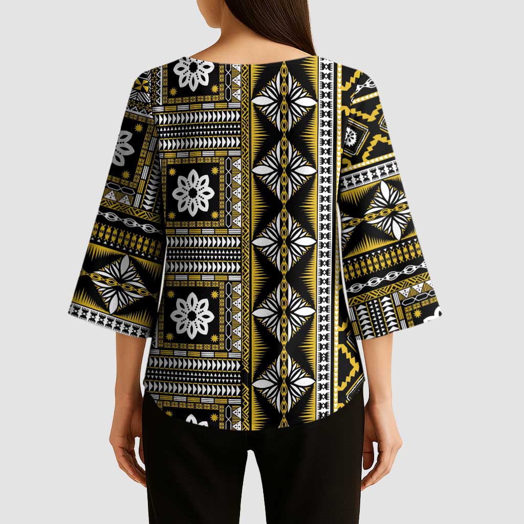 Fiji Masi Tapa Pattern Yellow Kimono Sleeve Blouse - Polynesian Pride