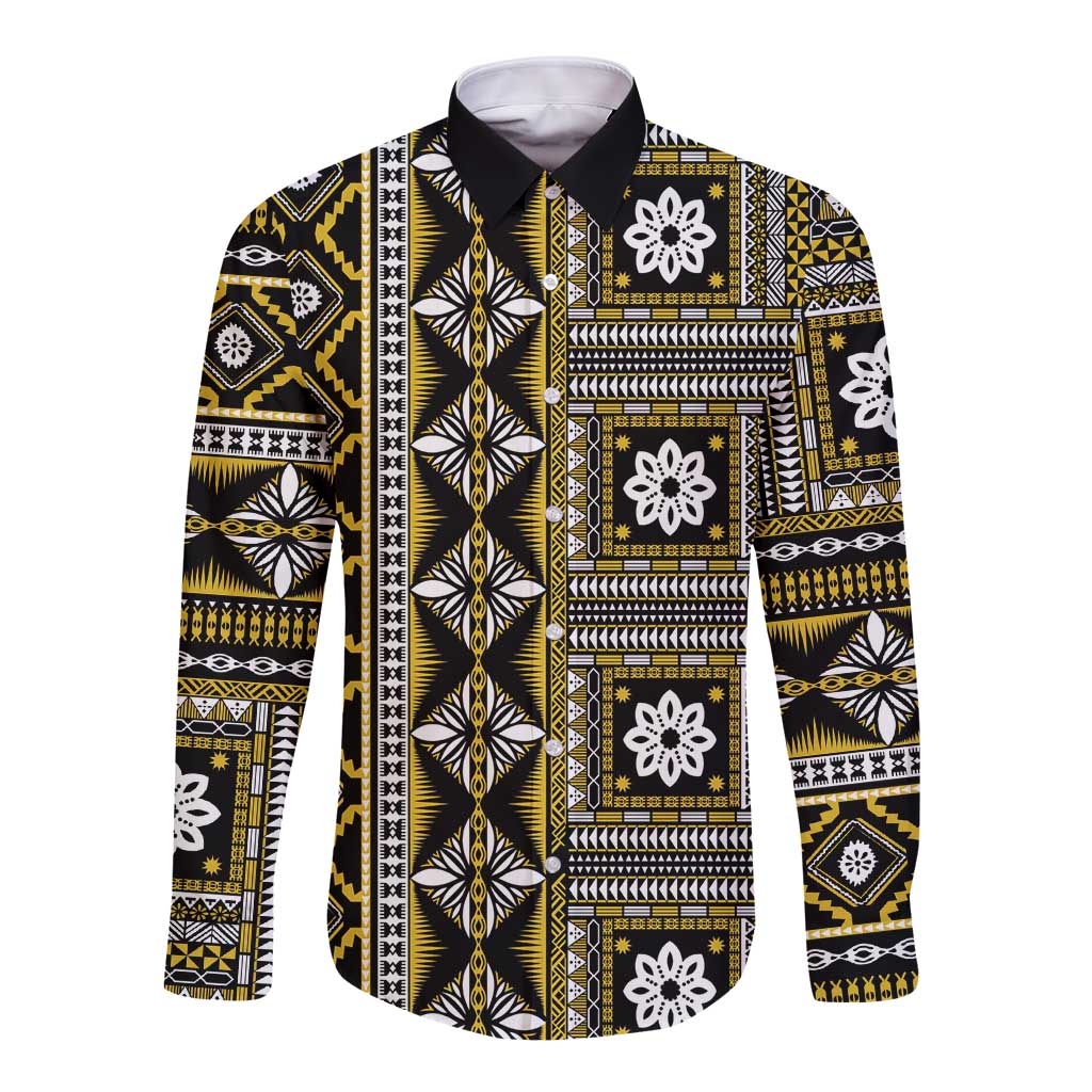 Fiji Masi Tapa Pattern Yellow Long Sleeve Button Shirt - Polynesian Pride