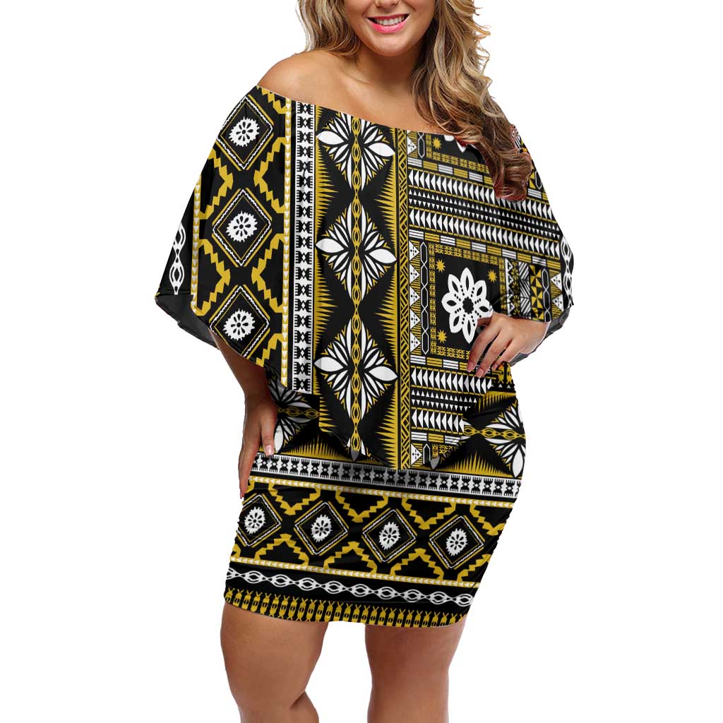 Fiji Masi Tapa Pattern Yellow Off Shoulder Short Dress - Polynesian Pride