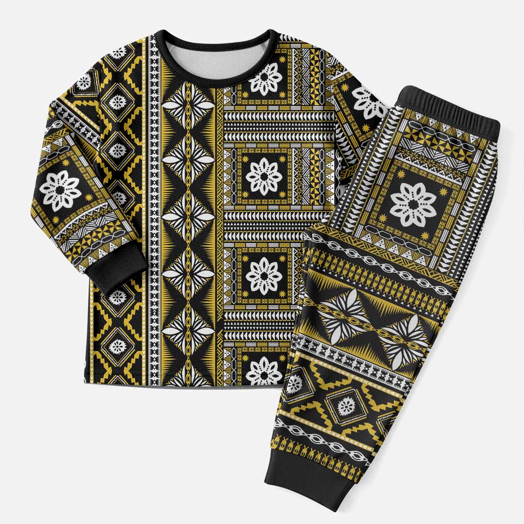 Fiji Masi Tapa Pattern Yellow Christmas Pajama Set - Polynesian Pride