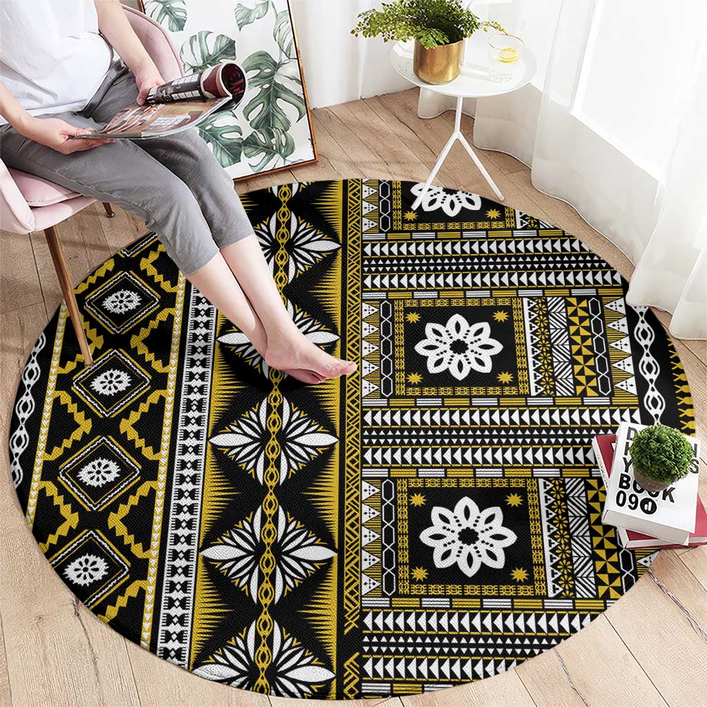 Fiji Masi Tapa Pattern Yellow Round Carpet - Polynesian Pride