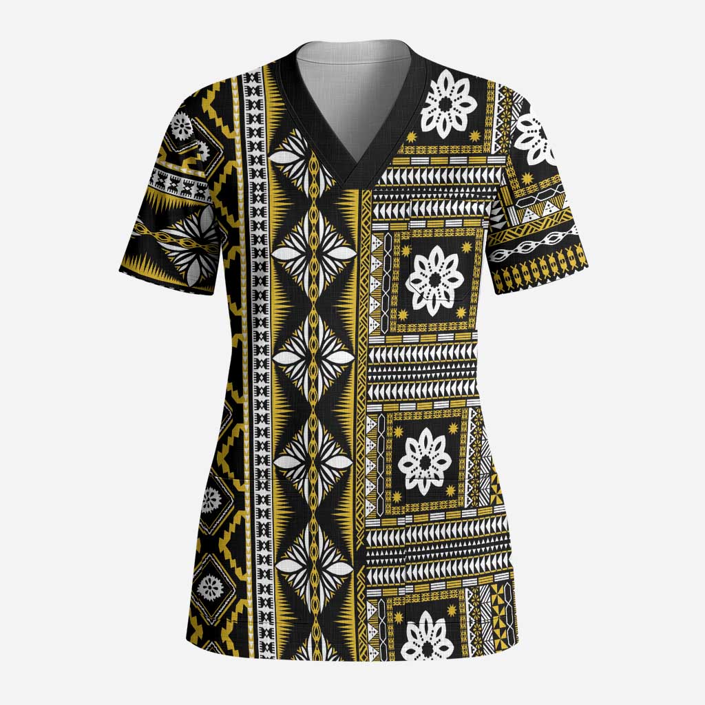 Fiji Masi Tapa Pattern Yellow Scrub Top - Polynesian Pride