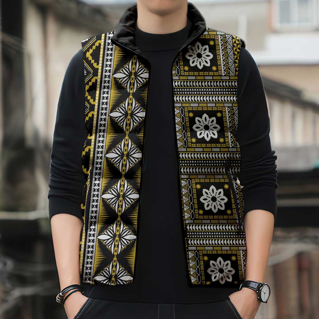 Fiji Masi Tapa Pattern Yellow Sleeveless Puffer Jacket - Polynesian Pride