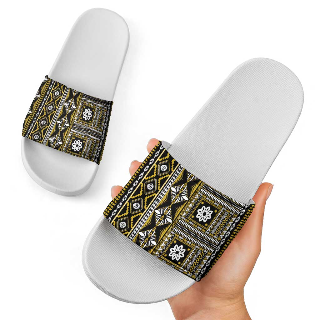 Fiji Masi Tapa Pattern Yellow Slide Sandals - Polynesian Pride