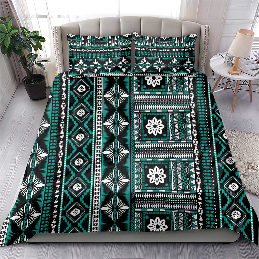 Fiji Masi Tapa Pattern Teal Bedding Set - Polynesian Pride