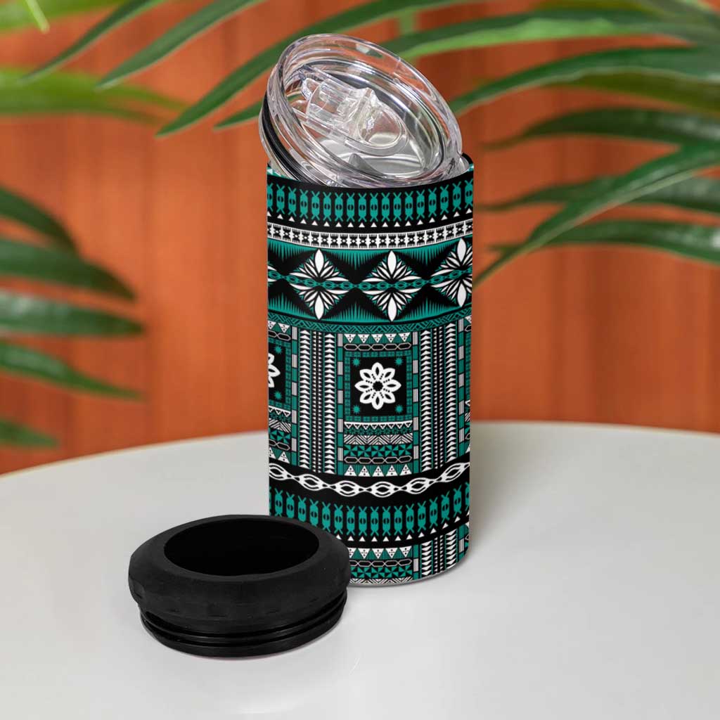 Fiji Masi Tapa Pattern Teal 4 in 1 Can Cooler Tumbler - Polynesian Pride