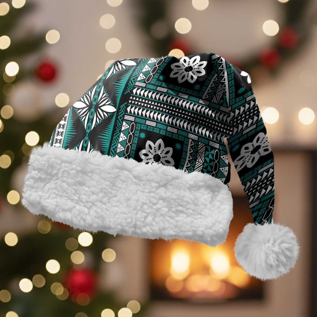 Fiji Masi Tapa Pattern Teal Christmas Santa Hat - Polynesian Pride