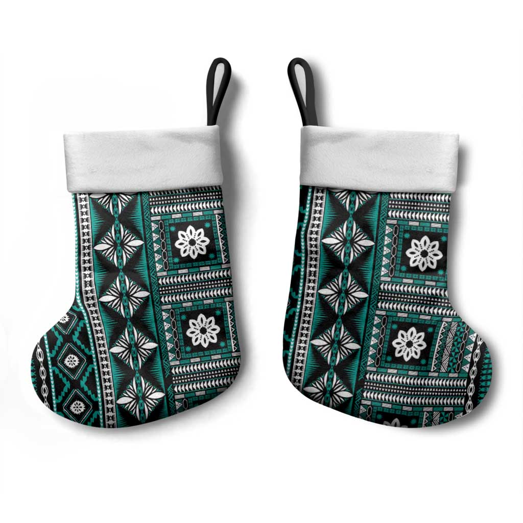 Fiji Masi Tapa Pattern Teal Christmas Stocking - Polynesian Pride