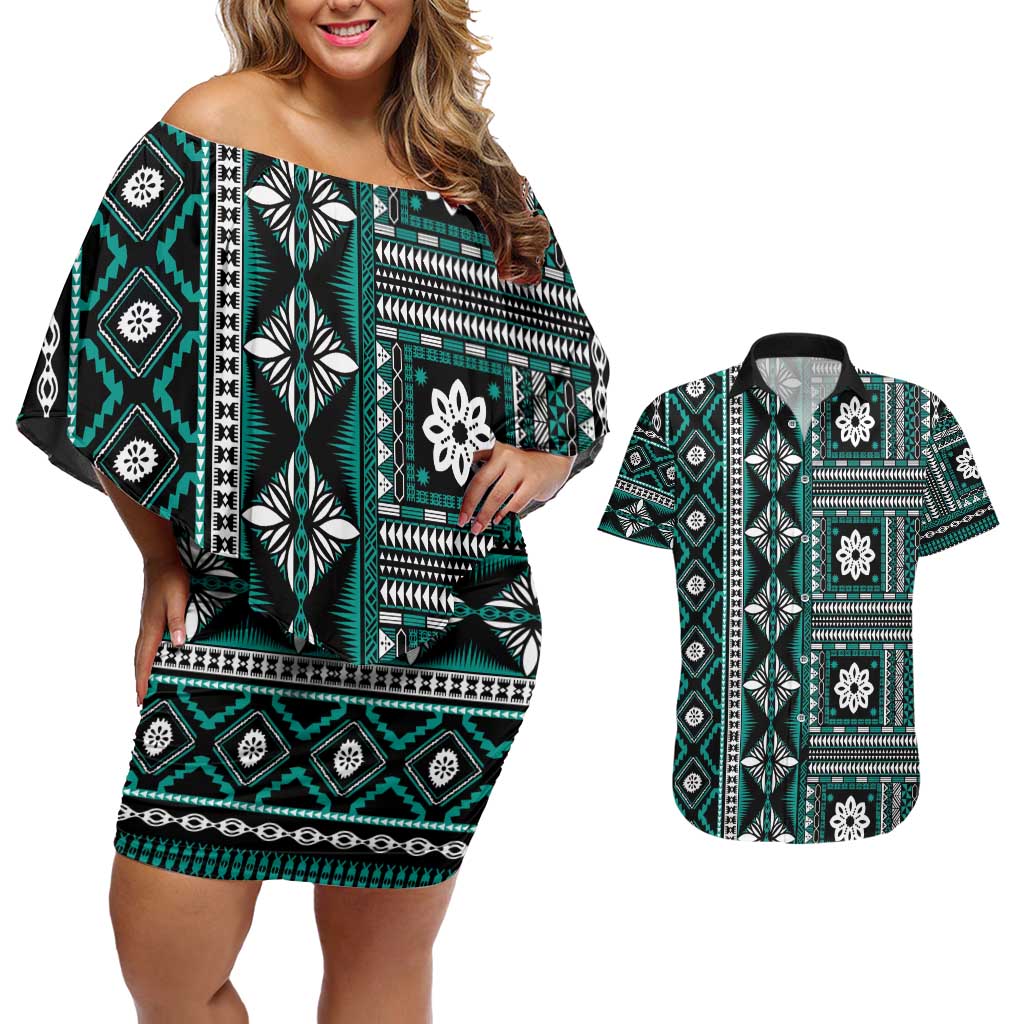 Fiji Masi Tapa Pattern Teal Couples Matching Off Shoulder Short Dress and Hawaiian Shirt - Polynesian Pride