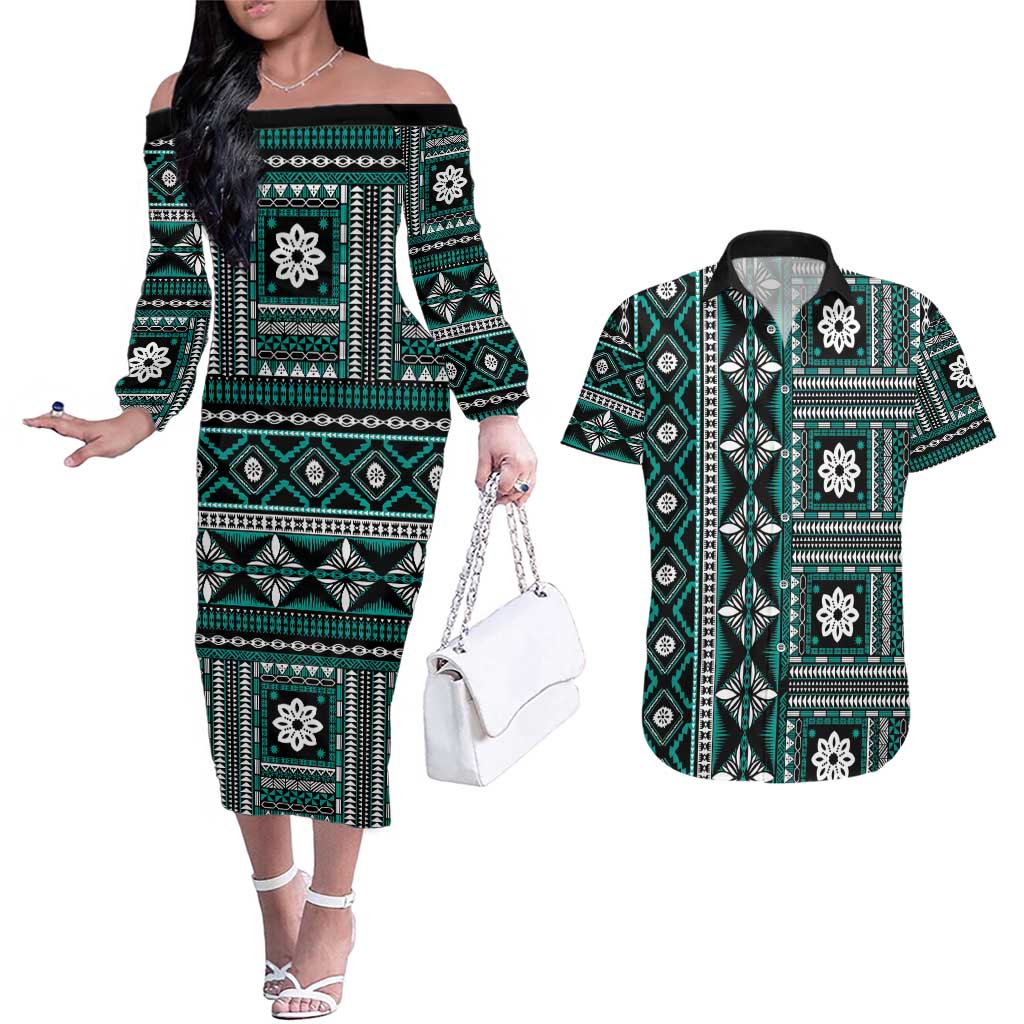Fiji Masi Tapa Pattern Teal Couples Matching Off The Shoulder Long Sleeve Dress and Hawaiian Shirt - Polynesian Pride