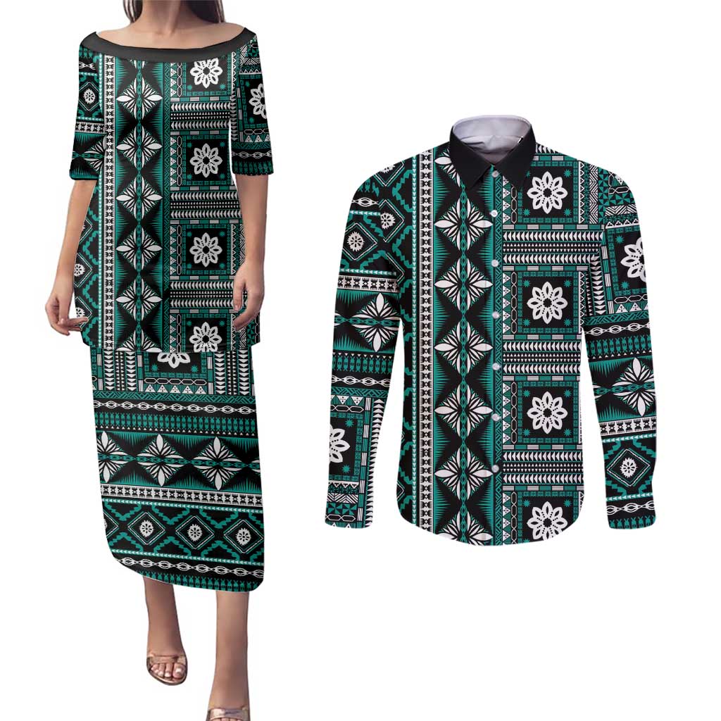 Fiji Masi Tapa Pattern Teal Couples Matching Puletasi and Long Sleeve Button Shirt LT01 Teal - Polynesian Pride