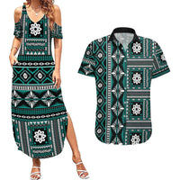 Fiji Masi Tapa Pattern Teal Couples Matching Summer Maxi Dress and Hawaiian Shirt - Polynesian Pride