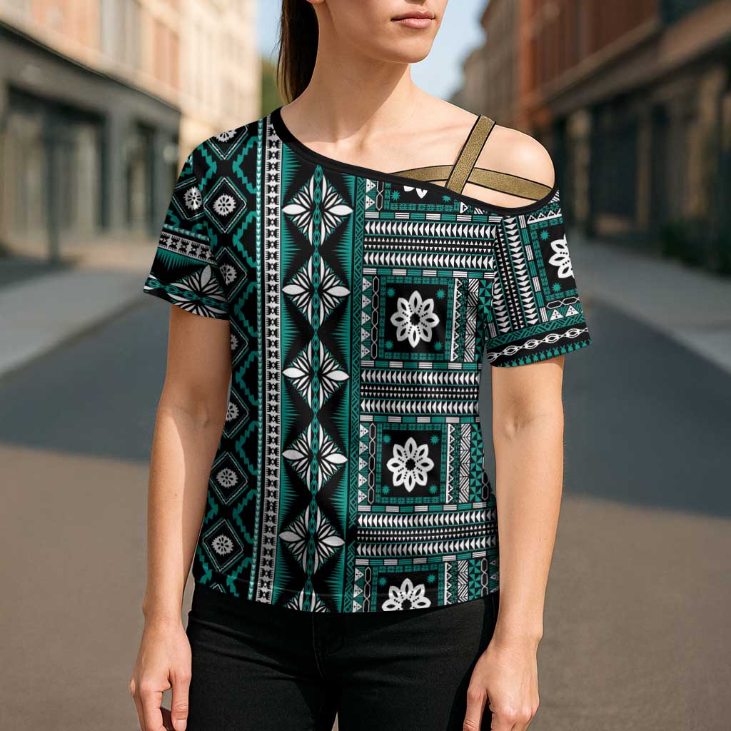 Fiji Masi Tapa Pattern Teal Cross Shoulder Shirt - Polynesian Pride