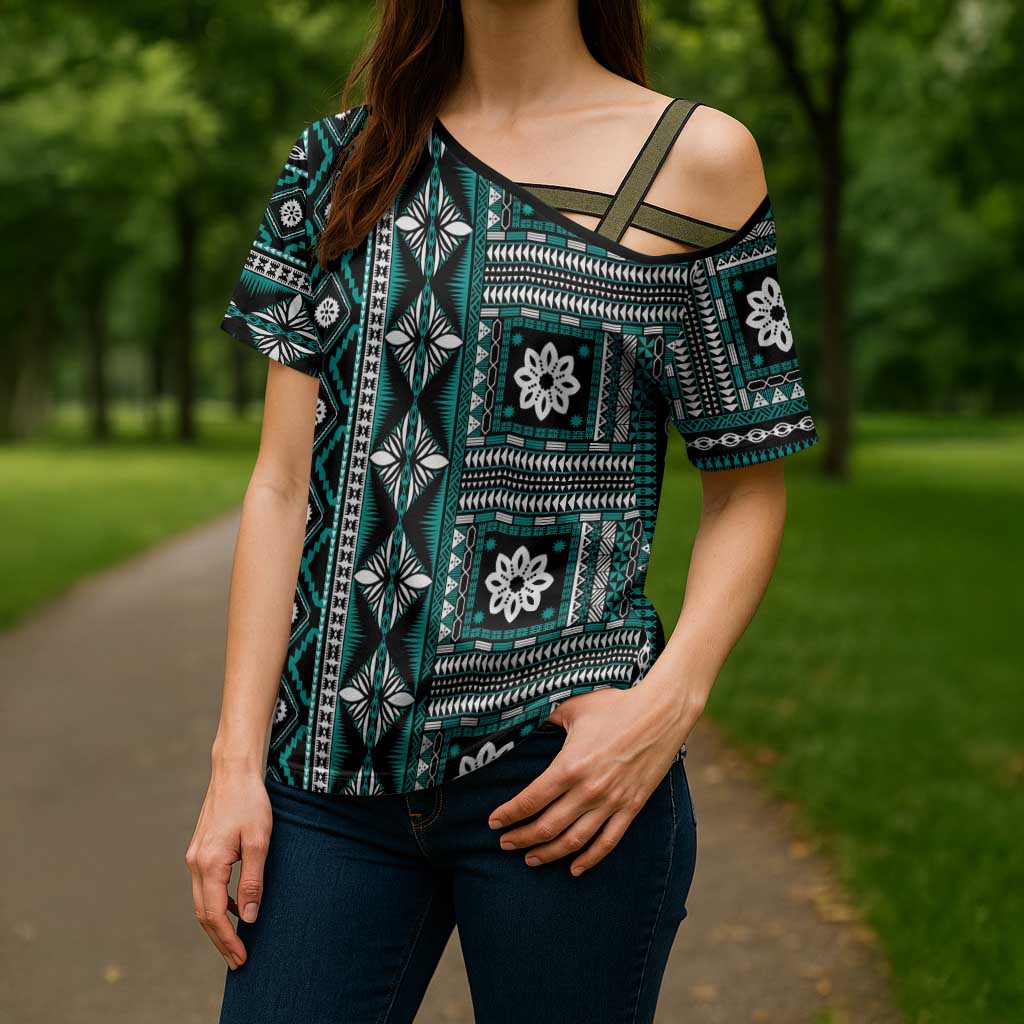 Fiji Masi Tapa Pattern Teal Cross Shoulder Shirt - Polynesian Pride