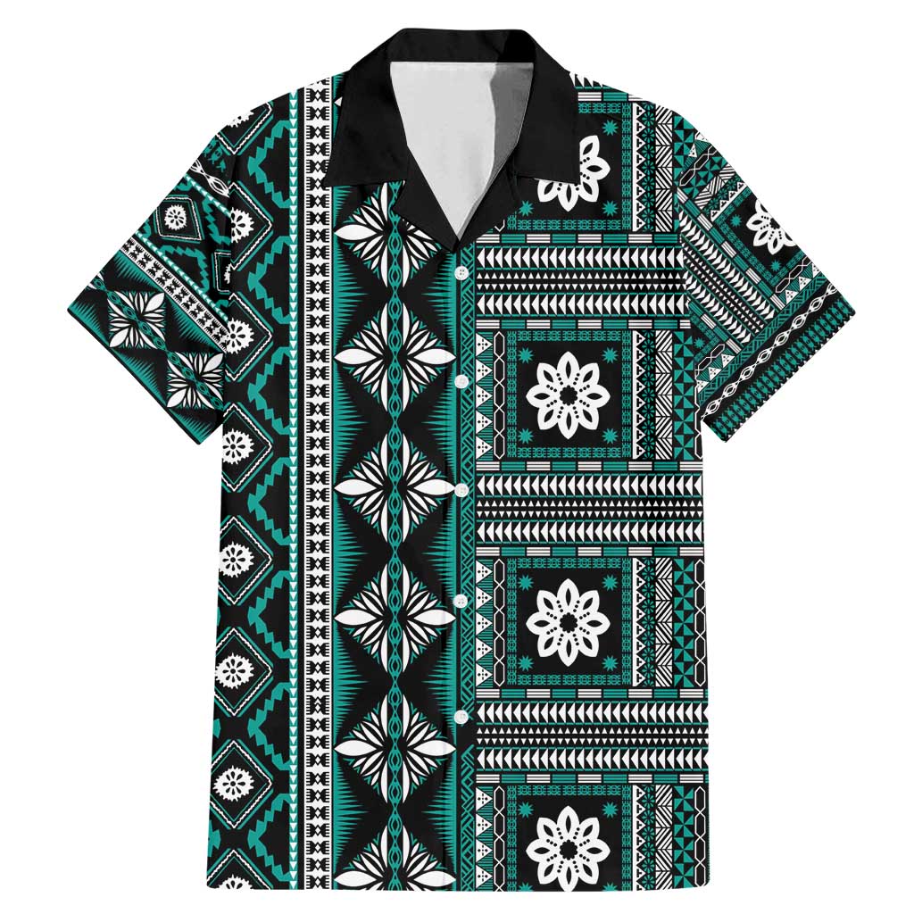 Fiji Masi Tapa Pattern Teal Family Matching Mermaid Dress and Hawaiian Shirt - Polynesian Pride