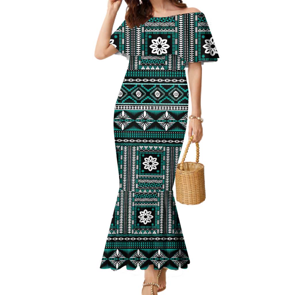 Fiji Masi Tapa Pattern Teal Family Matching Mermaid Dress and Hawaiian Shirt - Polynesian Pride