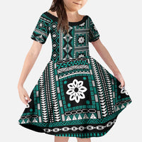 Fiji Masi Tapa Pattern Teal Family Matching Off The Shoulder Long Sleeve Dress and Hawaiian Shirt - Polynesian Pride