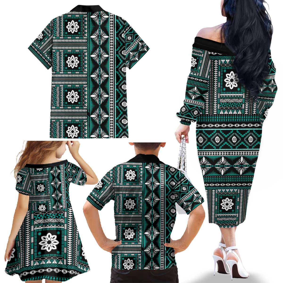 Fiji Masi Tapa Pattern Teal Family Matching Off The Shoulder Long Sleeve Dress and Hawaiian Shirt - Polynesian Pride