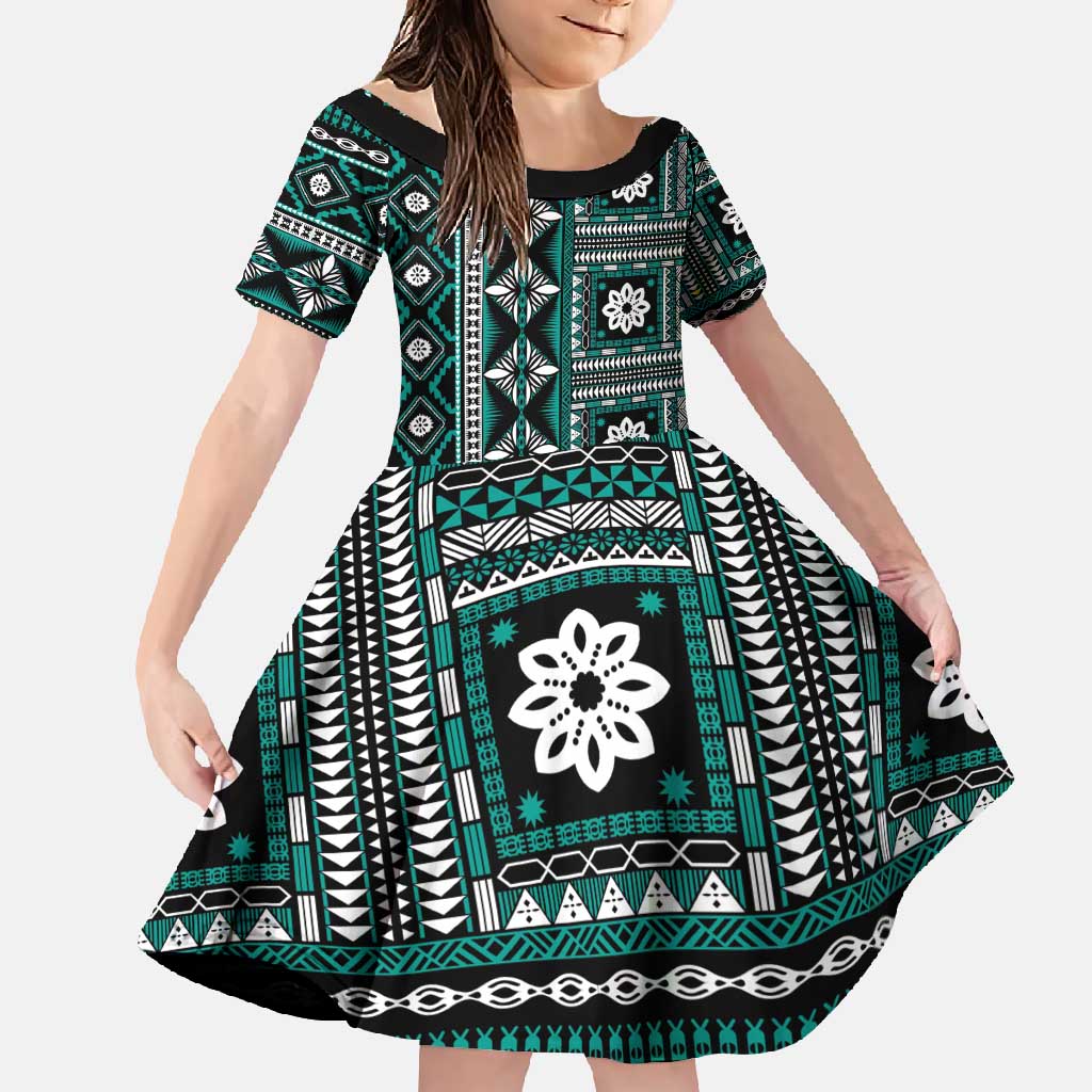 Fiji Masi Tapa Pattern Teal Family Matching Off Shoulder Maxi Dress and Hawaiian Shirt - Polynesian Pride