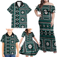 Fiji Masi Tapa Pattern Teal Family Matching Off Shoulder Maxi Dress and Hawaiian Shirt - Polynesian Pride