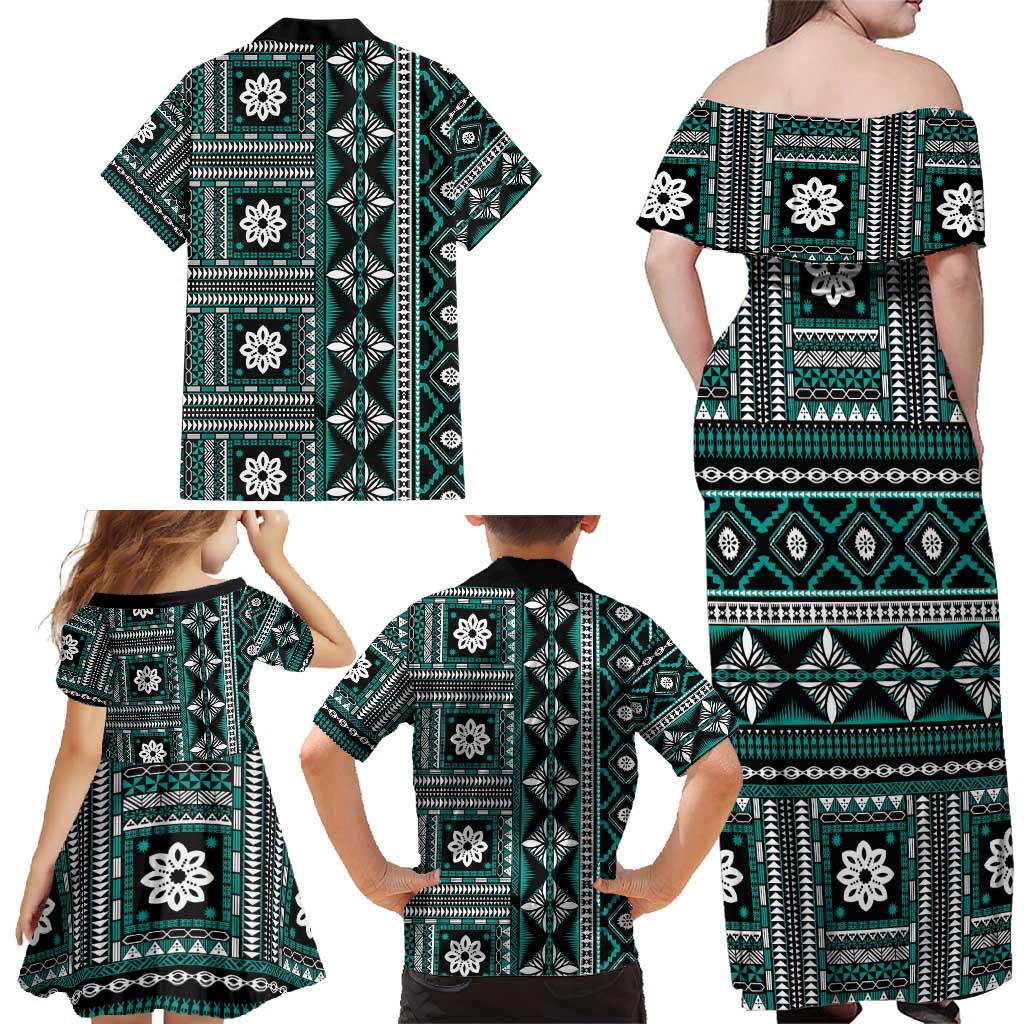 Fiji Masi Tapa Pattern Teal Family Matching Off Shoulder Maxi Dress and Hawaiian Shirt - Polynesian Pride