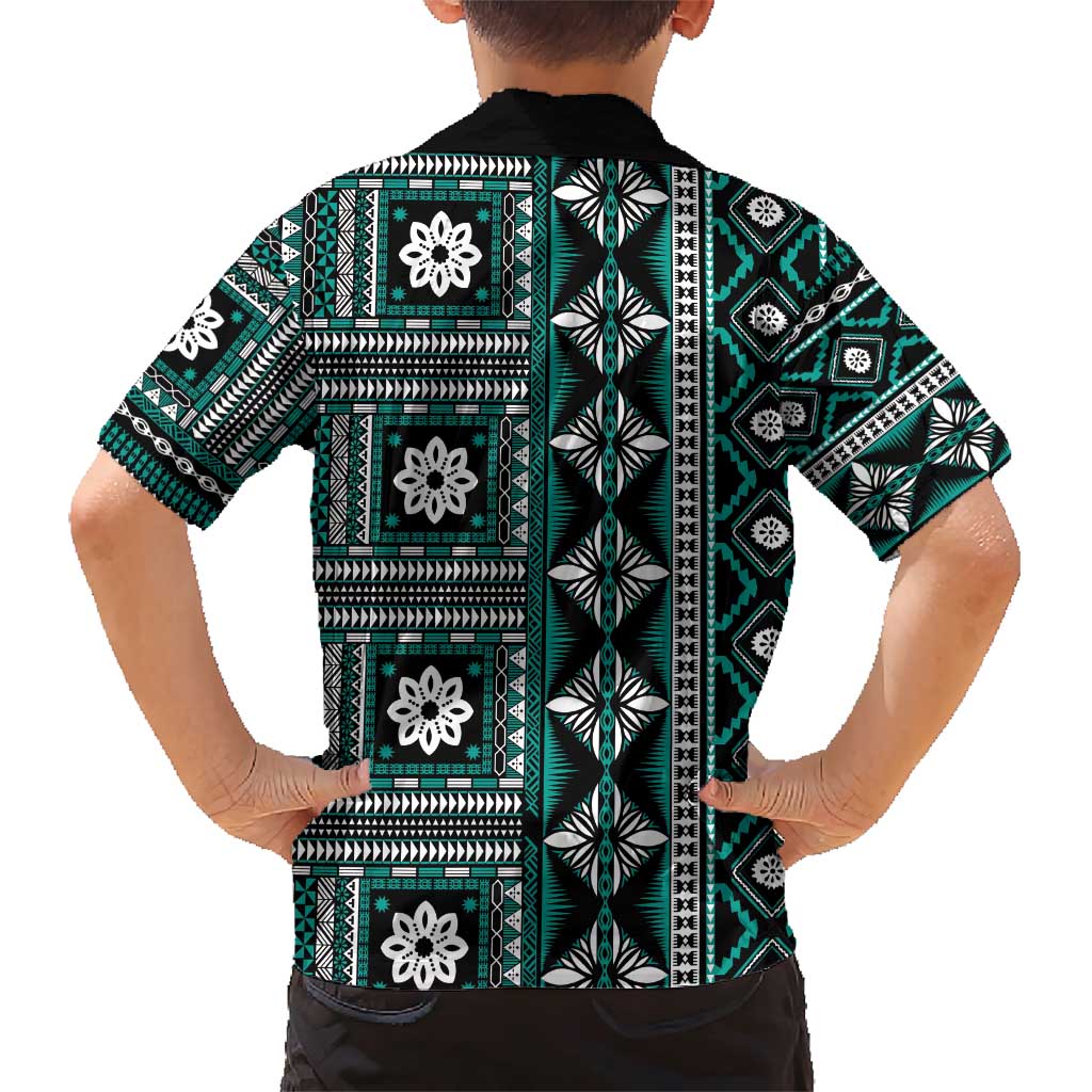 Fiji Masi Tapa Pattern Teal Family Matching Short Sleeve Bodycon Dress and Hawaiian Shirt - Polynesian Pride