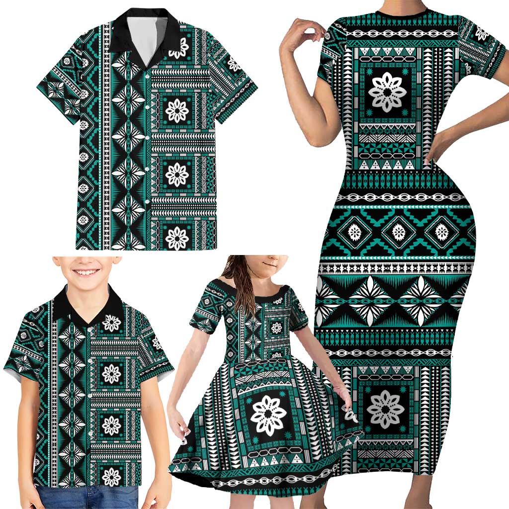 Fiji Masi Tapa Pattern Teal Family Matching Short Sleeve Bodycon Dress and Hawaiian Shirt - Polynesian Pride